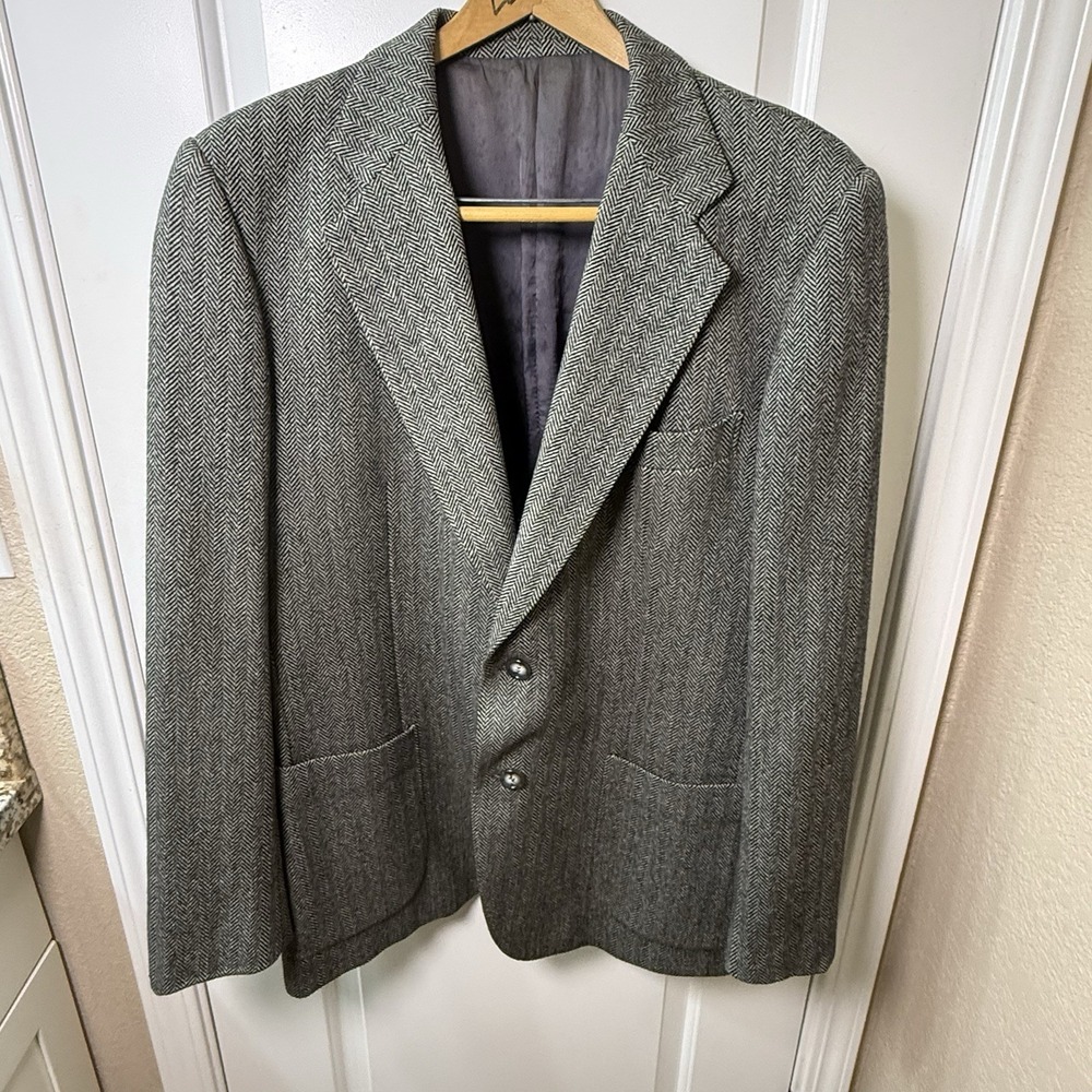 Vintage Jay Briggs Marzotto Mens 56L Herringbone Wool Blazer Made Italy Gray 46L